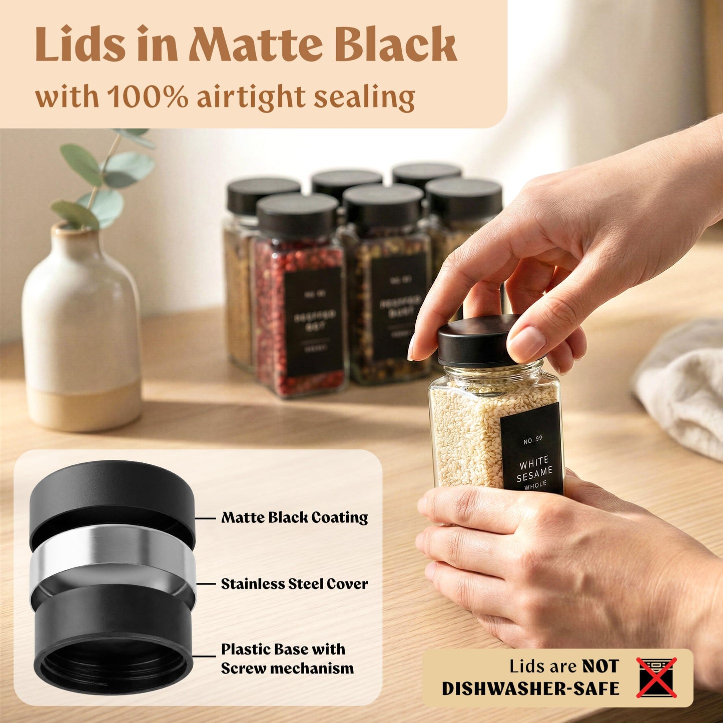 EDELHAUS Square Glass Spice Jars (24 x 4oz) with Black Lids + Magnetic Spice Rack for Refrigerator (Fits 12 Jars) + Bonus Slim Auxiliary Rack, 240 Labels, Shaker Inserts, Funnel