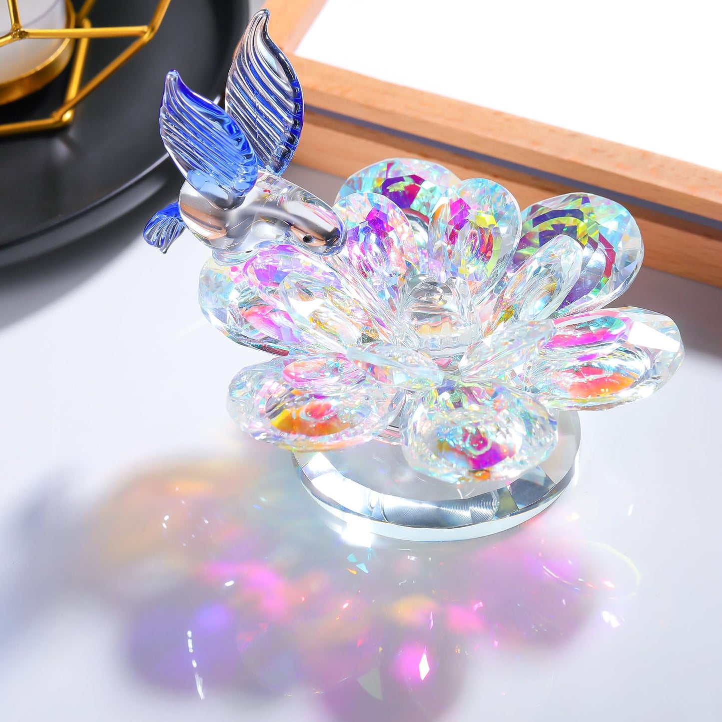 Movdyka Crystal Figurine Lotus Flower Decor Blue Hummingbird