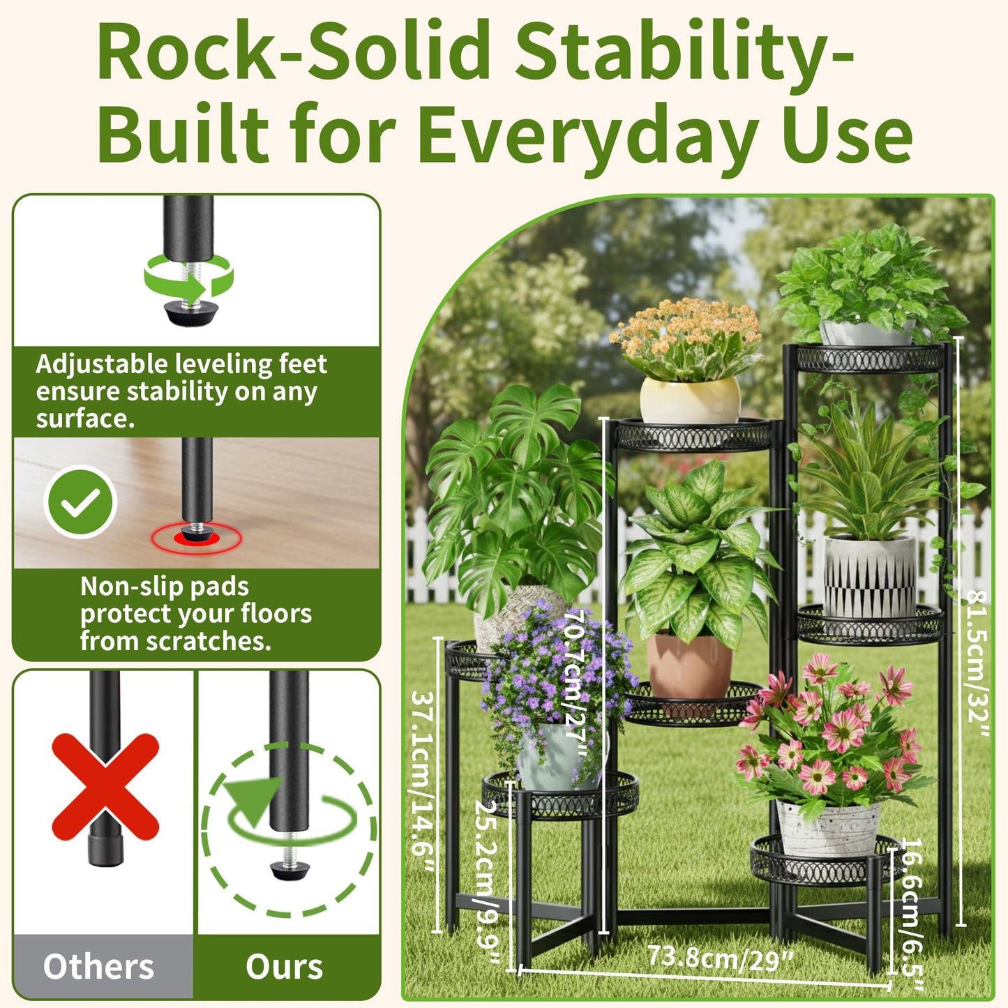 NQW Plant Stand Indoor Outdoor, 7 Tier Large Plant Stand with 7.9-Inch Wide Drainage Tray, Tiered Corner Metal Iron Flower Display Holder Shelf, Folding Tall Rack for Patio Balcony Porch - BlackFlower