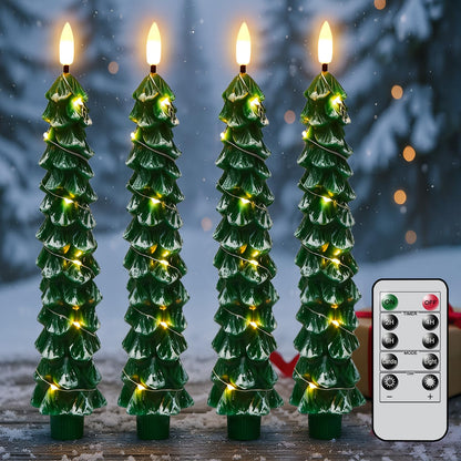 KunSwenn Christmas Tree Candles with Remote, Snowy Waxy Christmas Tree Flameless Taper Candles Battery Operated with String Lights, Set of 4 LED Tree Candlesticks for Xmas Winter Décor