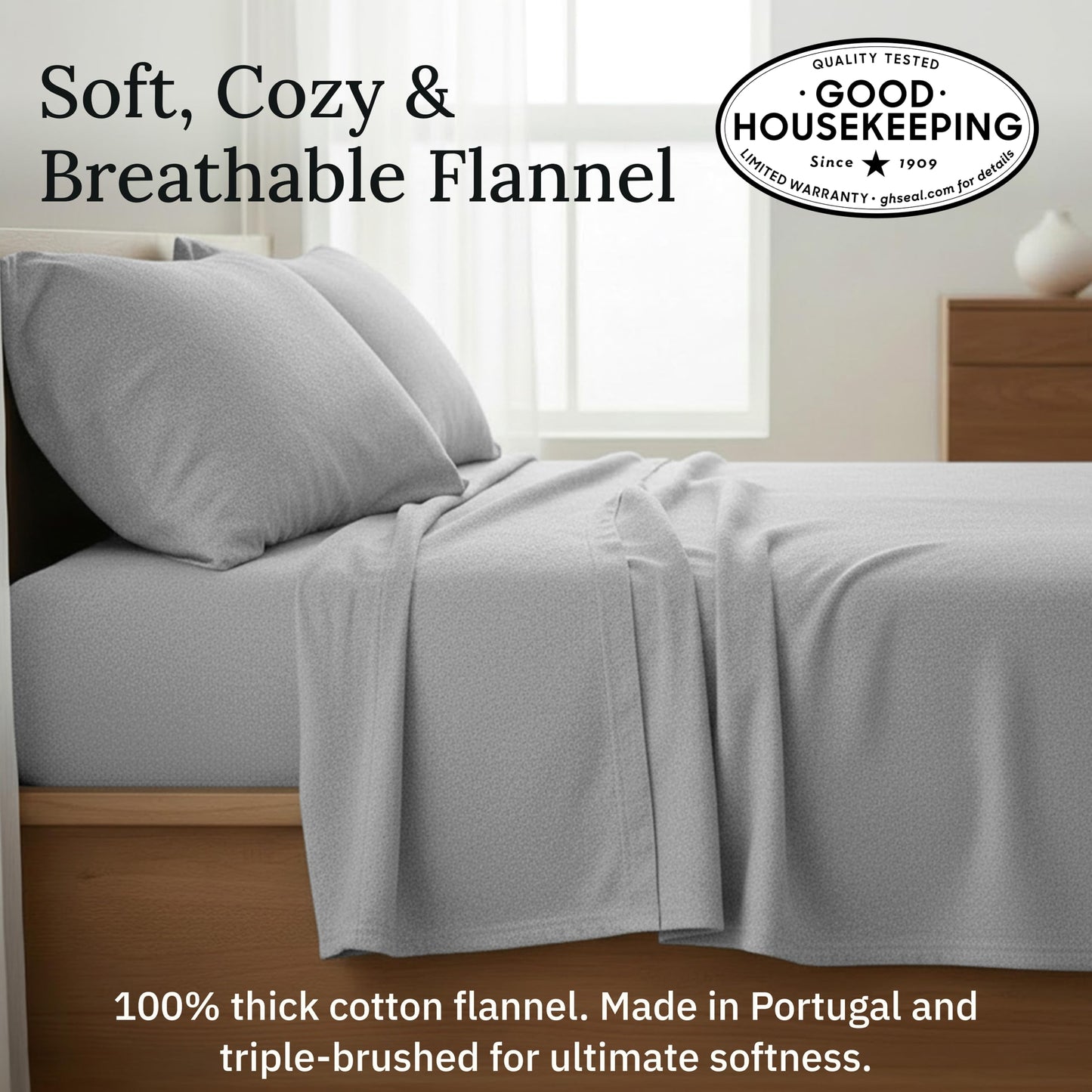 California Design Den Flannel King Sheet Set - Made in Portugal, 4-Piece 100% Cotton King Size Sheet Set, Thick, Velvet Soft, Triple-Brushed with Extra Deep Pockets - Heather Grey