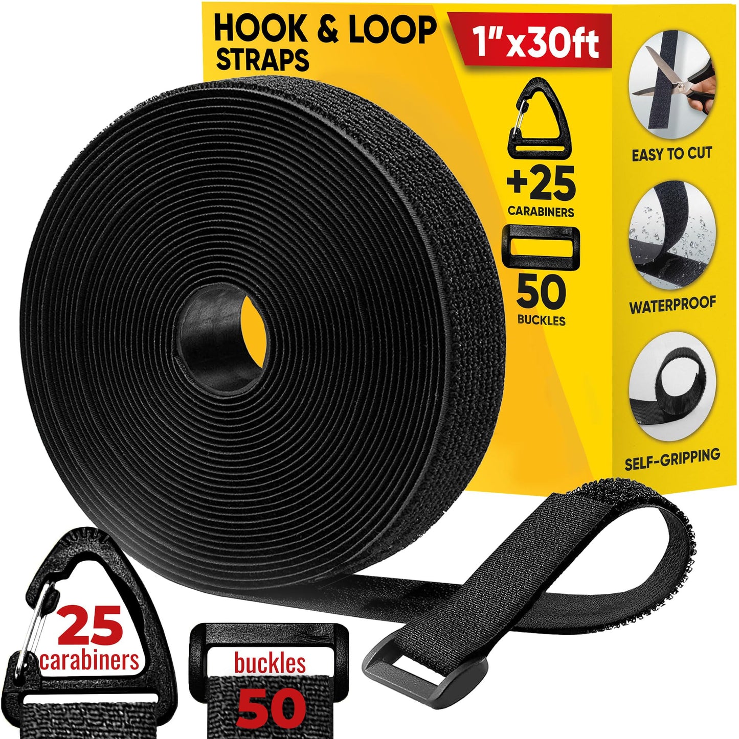 Hook and Loop Cable Straps with 50 Bucklets and 25 Carabineres, Reusable Fastening Cable Ties, Wire Management Securing Strap for Cable Tidy, Wire Management, Multi-Purpose Cord Organizer (Black)