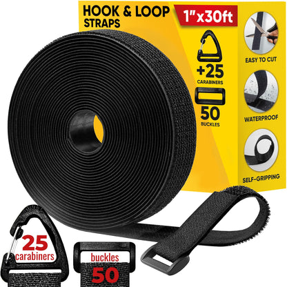 Hook and Loop Cable Straps with 50 Bucklets and 25 Carabineres, Reusable Fastening Cable Ties, Wire Management Securing Strap for Cable Tidy, Wire Management, Multi-Purpose Cord Organizer (Black)