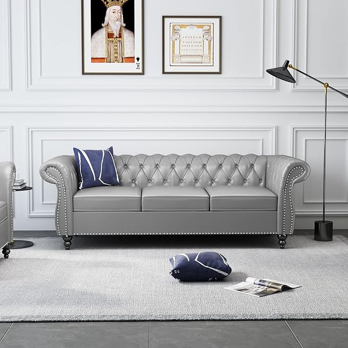 ORRD 2 Piece Living Room Set, Chesterfield Leather Sofa Loveseat Couch Chair