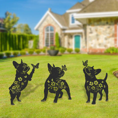 LIRAVENO French Bulldog Gifts Decor - 3 Pcs Metal Garden Stakes Outdoor Animal Statue Decorations Patio Lawn Pathway Yard Art Ornaments Butterfly Flower Silhouette Christmas Birthday for Dog Lover