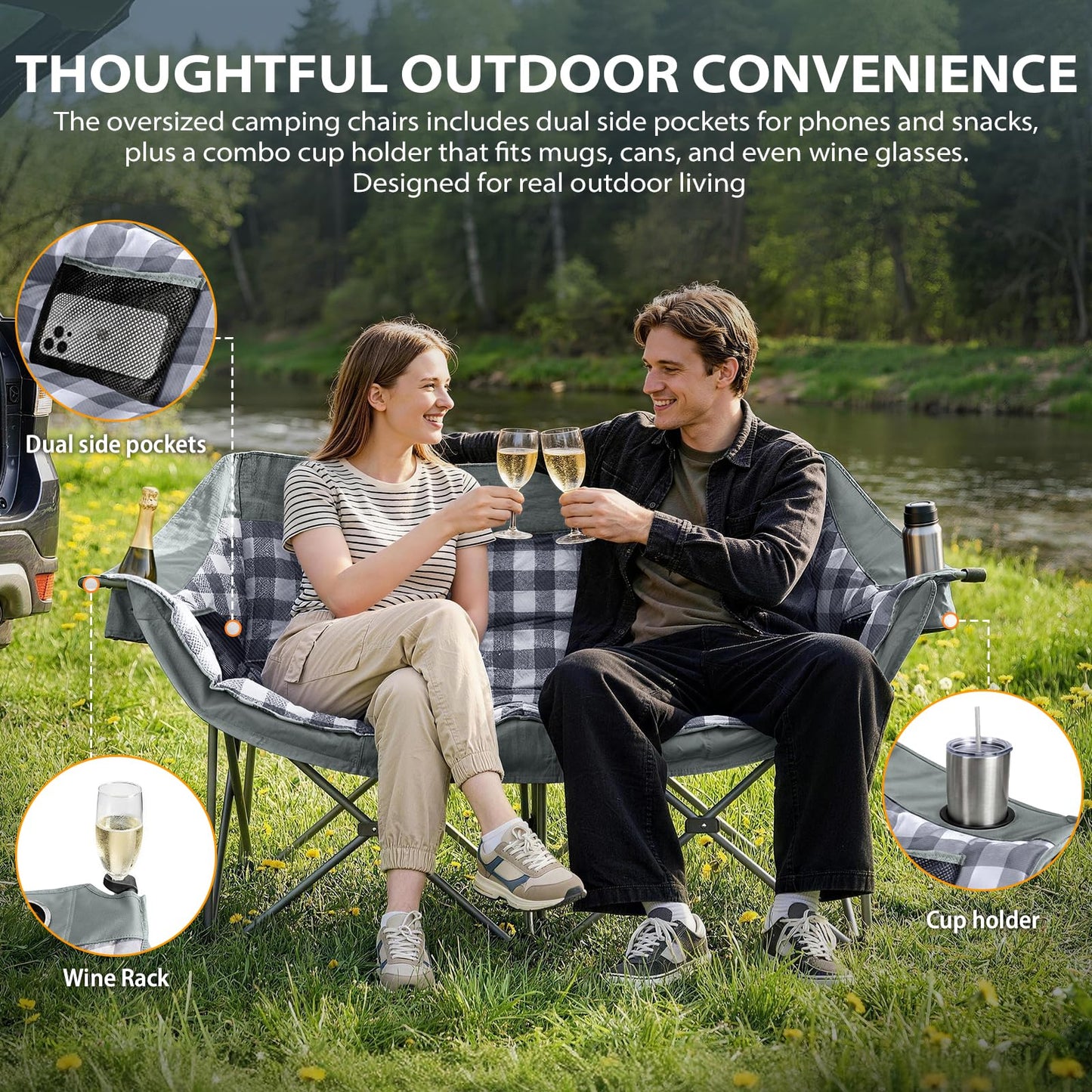 GEERTOP Double Camping Chair for Adults Comfort Suede Padded Loveseat Heavy Duty Oversized 2 Person Camp Chair Sofa with Cup Holders for Outdoor Backyard Lawn BBQ Festival