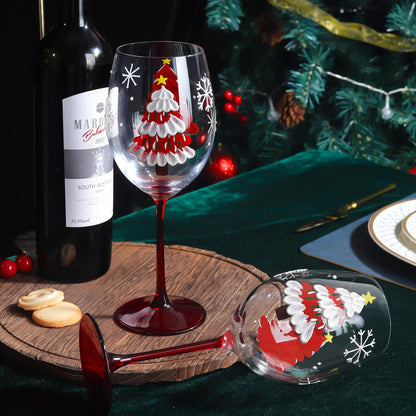 Joeyan Christmas Crystal Red and White Wine Glasses,Hand Painted Glass Goblet Drinking Glasses,Red Xmas Tree and Snowflakes Patterned Glass Tumbler Cups with Stem,Gift for Men Women,19.5 oz,Set of 2