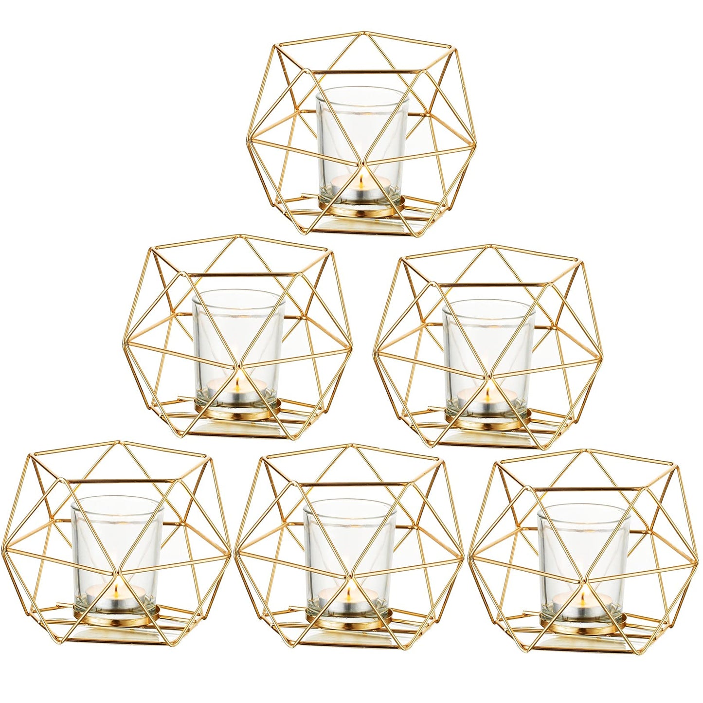 Geometric Tealight Candle Holders Gold - Votive Candle Stand Accents for Tea Light Decorative for Home Table Shelf Mantel Modern Geo Decoration Christmas Wedding Reception Décor, Gold, 6pcs