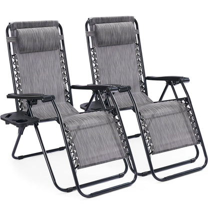 Sweetcrispy Zero Gravity Chairs, Set of 2 Portable Recliner Beach Camping Patio Outdoor Folding Lounge Chair with Cup Holder Trays and Adjustable Pillow for Poolside, Garden, Backyard, Lawn (Grey)