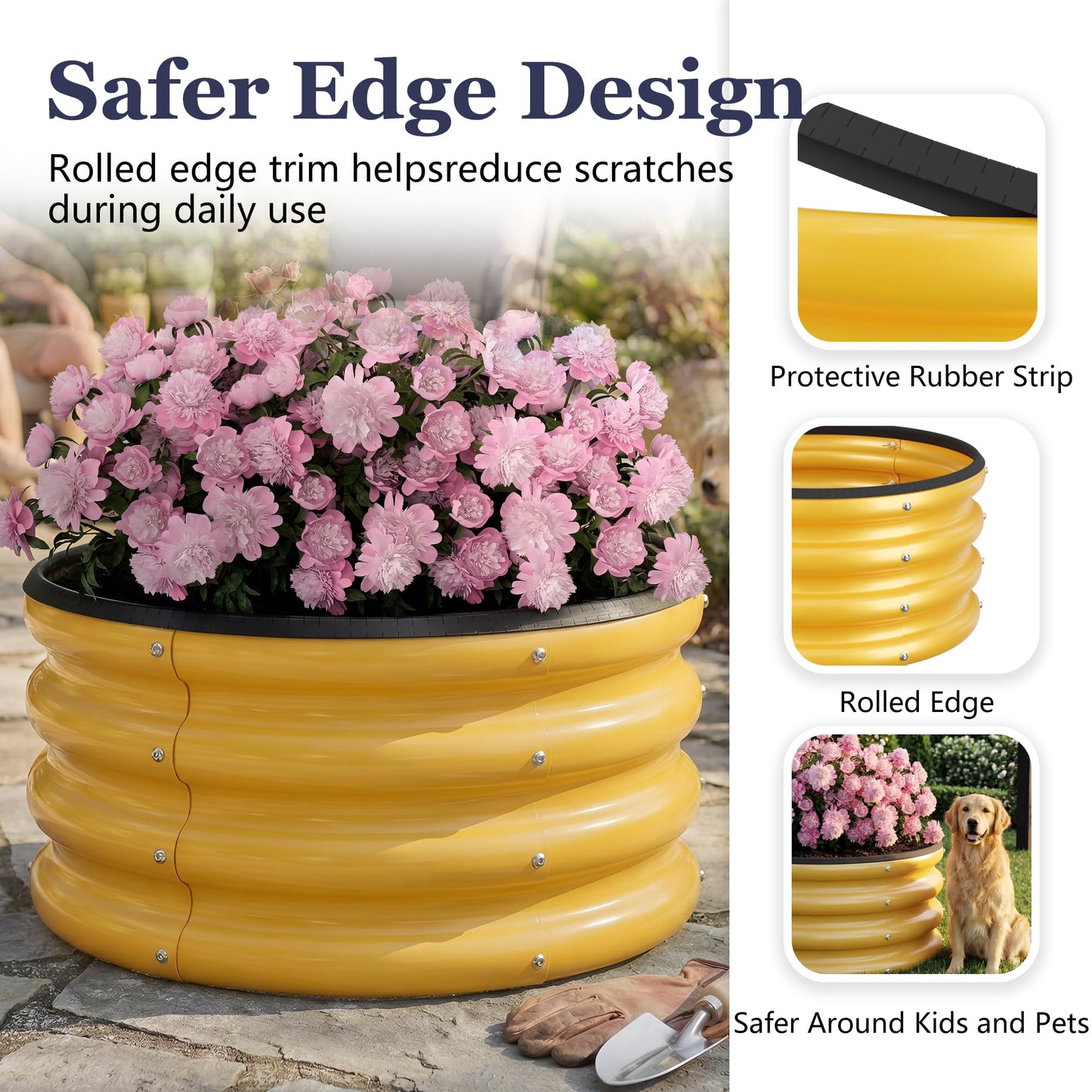 SOCONT 2 x 2 x 1 ft Round Raised Garden Bed, Yellow 2 Pack 0.6 mm Thick Galvanized Steel Planter Box with Double Layer Paint and Safety Edge Trim for Vegetables Flowers Herbs Outdoor Garden