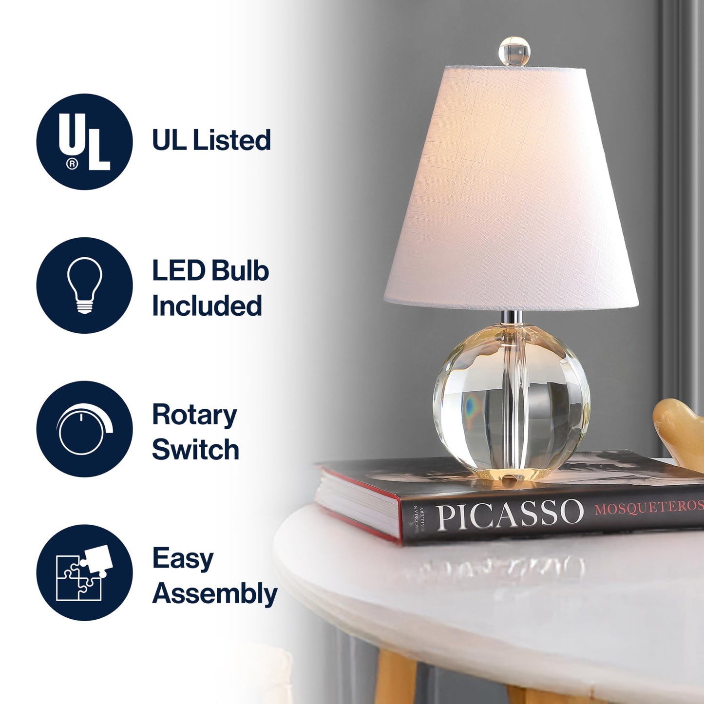 JONATHAN Y 16" Clear Crystal Ball LED Table Lamp, White Modern Bedside Lamp, with White Linen Empire Shade, Glam Orb Glass Nightstand Lamp for Living Room, LED Bulb JYL2079A