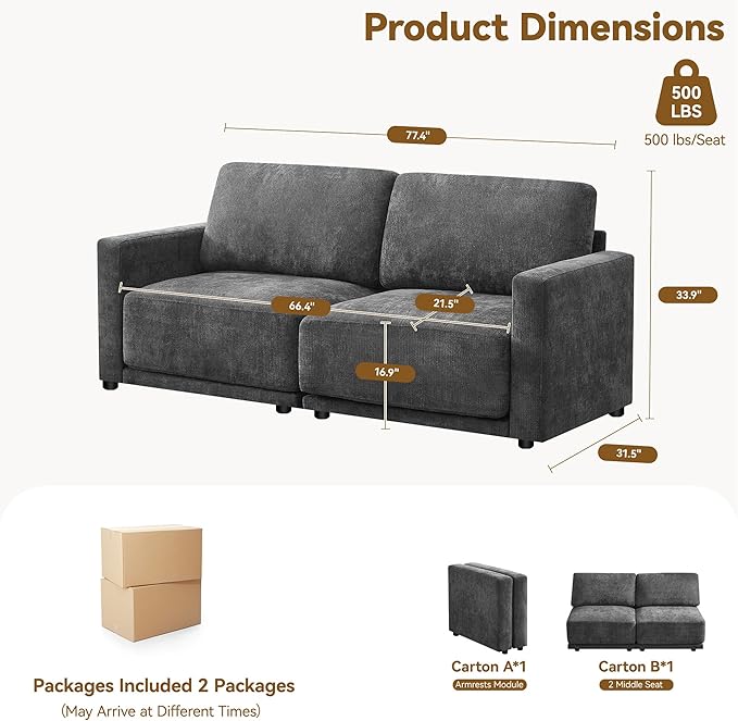 77.4" Chenille Modular Loveseat Oversized Upholstered 2 Seater Sectional Sofa