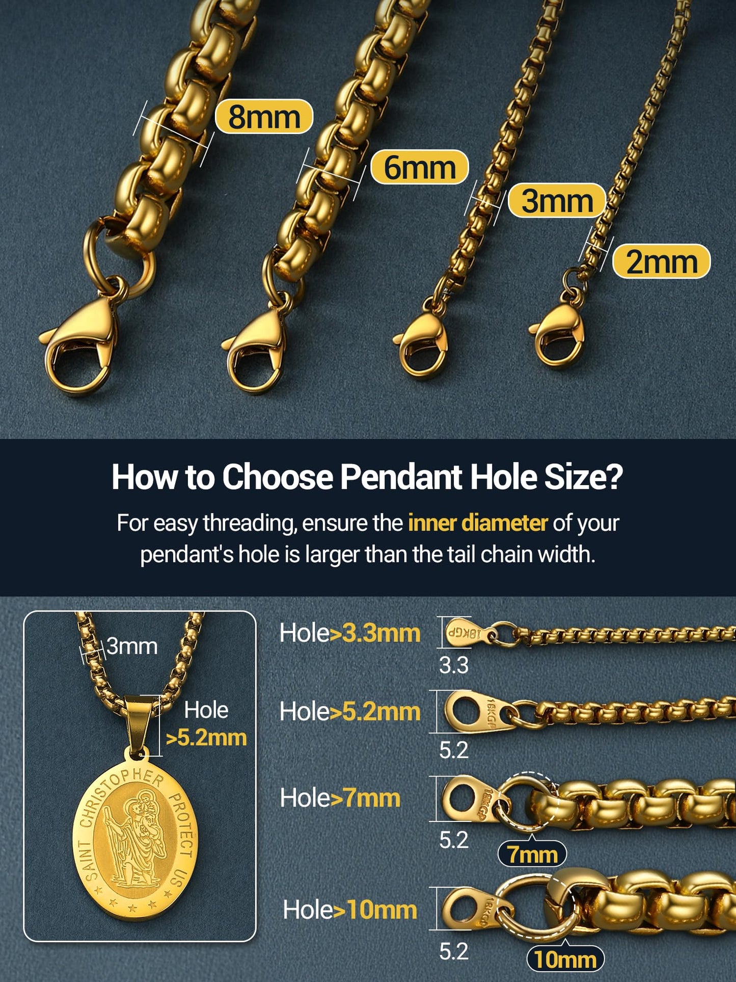 PROSTEEL Mens Chain Necklace, Squre Rolo Cable Chains 8mm Chunky 18K Gold Necklace Waterproof & Non Tarnish Men and Women Jewelry with Gift Box 20in