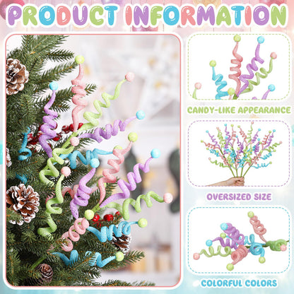 Vertintong 4 Pcs 16.5 inch Christmas Pastel Tree Picks Glitter Curly Spray Tree Topper Decorations Candy Cane Style Frosted Spiral Stems for Xmas Party Wreath Vase Garland Home Centerpieces