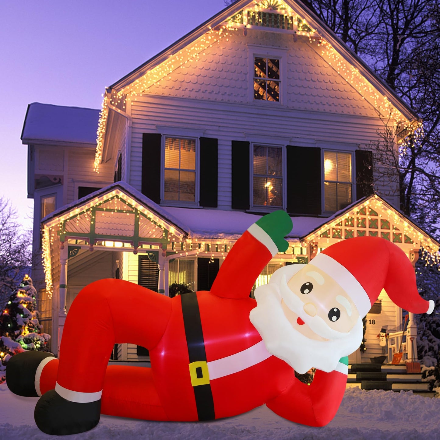 Juegoal Christmas Inflatables Outdoor Decorations, 12FT Long Inflatable Xmas Santa Claus, Lighted Blow Up Giant Lying Santa with Built in LED Lights, Light Up Holiday Winter Lawn Yard Garden Decor