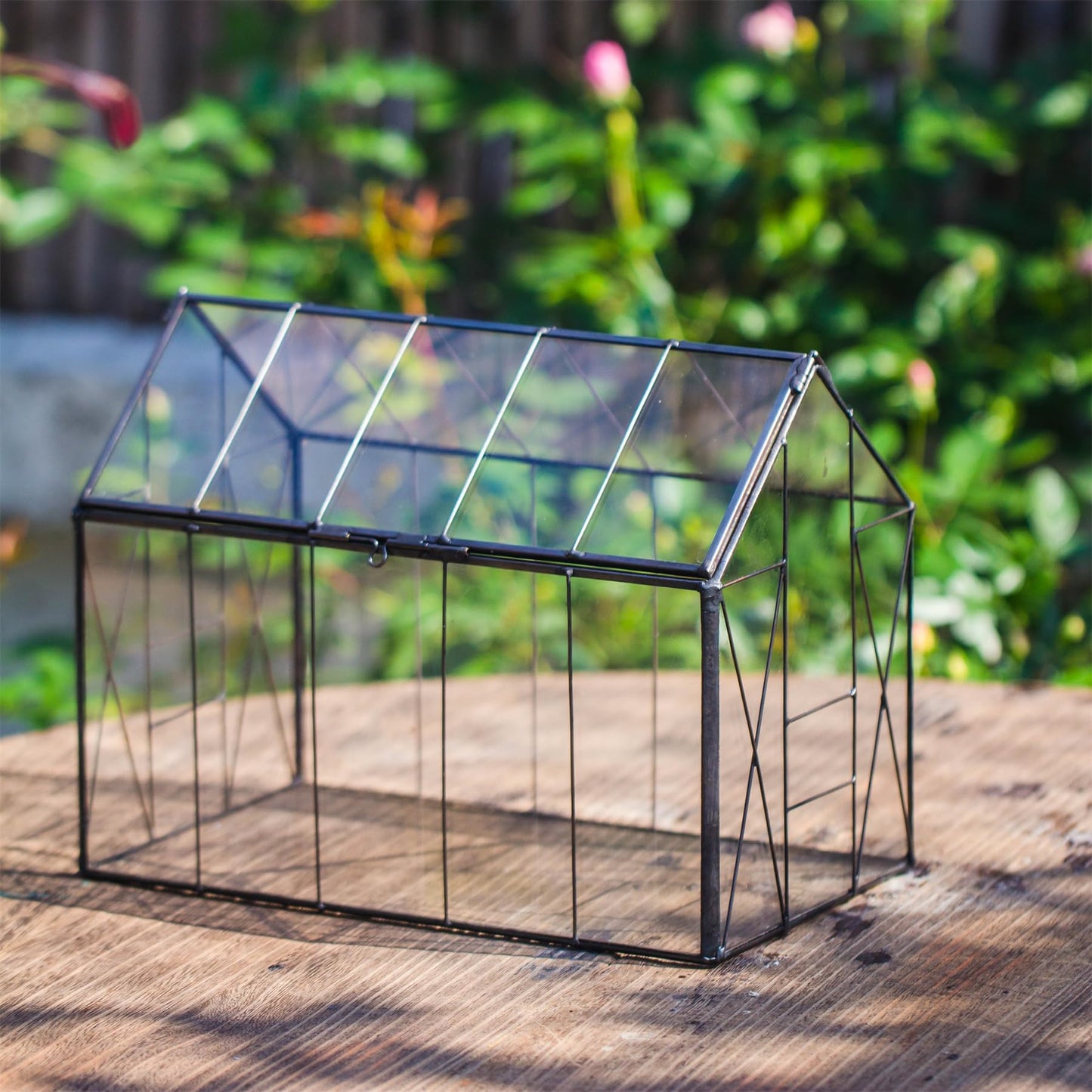 NCYP Geometric Glass Terrarium with Lid for Succulent, Small Cactus - Handmade Clear Closed House Shape Box - Home Indoor Tabletop Garden Decor, Black 9.4" x 5.5" x 7.3" (No Plants)