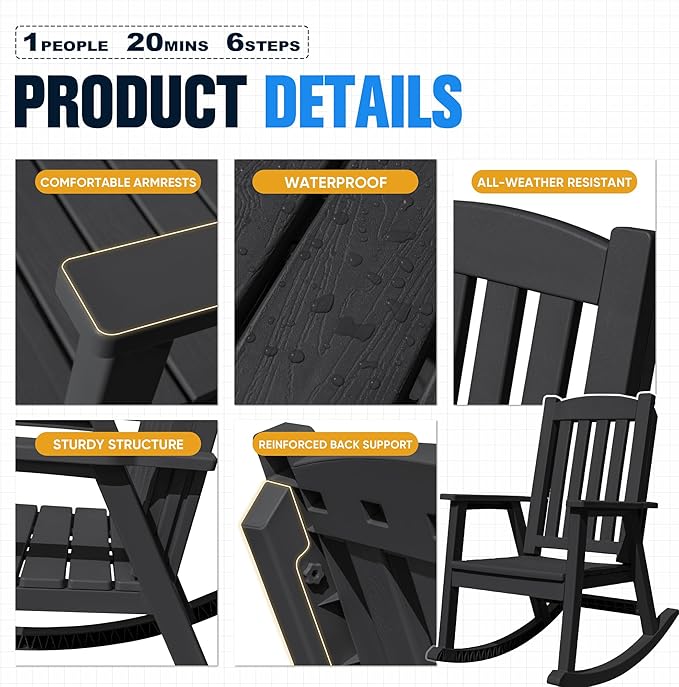 Devoko PP Material Rocking Chair Outdoor Indoor All Weather High Back Patio Rocker for Adult Heavy Duty Rocking Chair for Patio Backyard Porch Garden (Heavy Duty, Black)