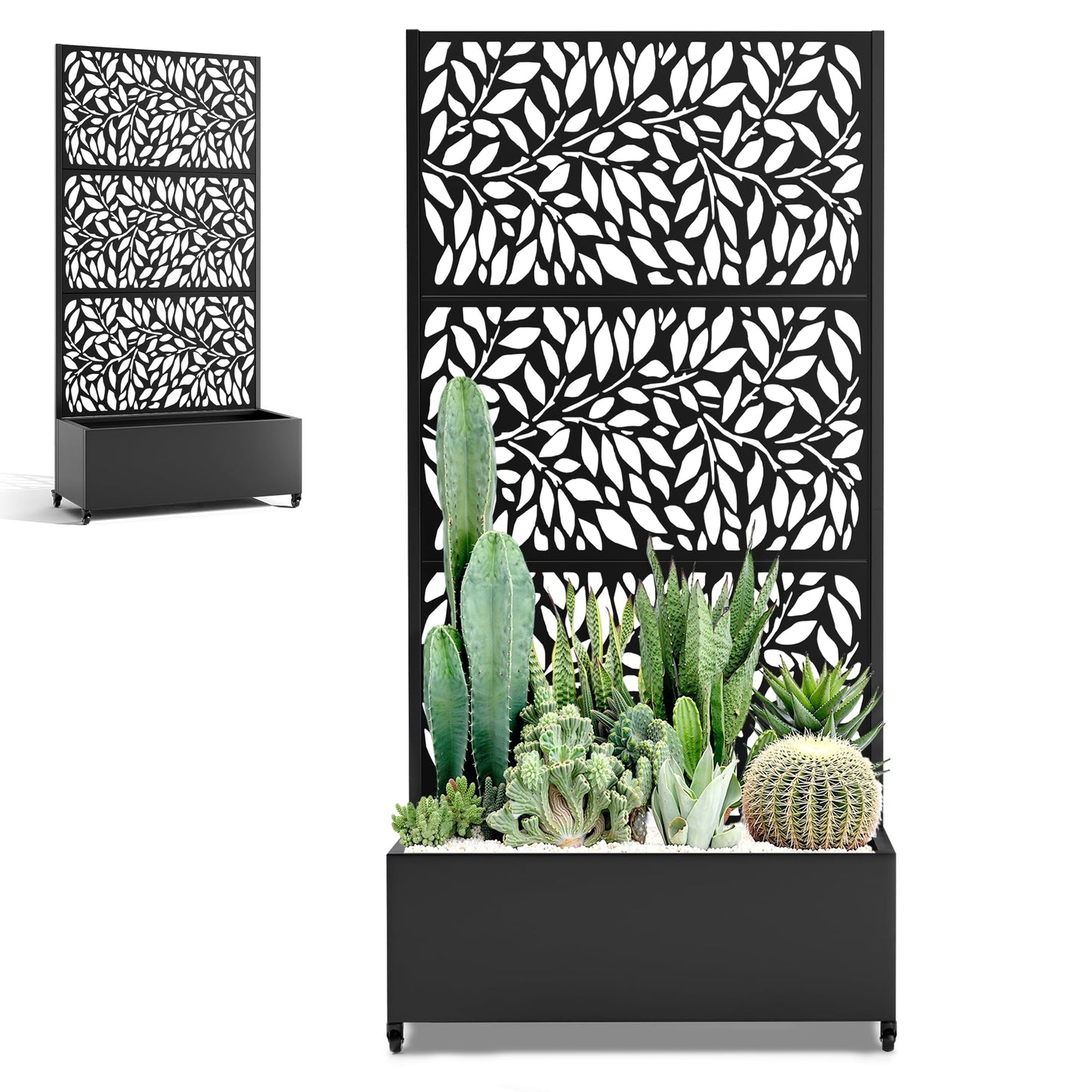 PolarcoForgeco Metal Planter Box with Trellis and Wheels, 35" L×16" W×71" H Outdoor Raised Beds with Privacy Screen, Drainage Holes for Climbing Plants (Black Leaf)