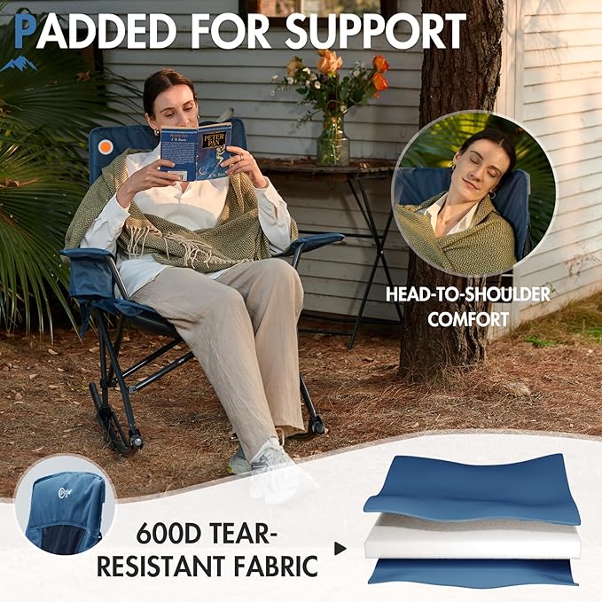 Portal Outdoor Rocking Chair Camping Folding Portable Rocker with Cup Holder Side Pocket Carry Bag, Support 350LBS (Mesh Blue)