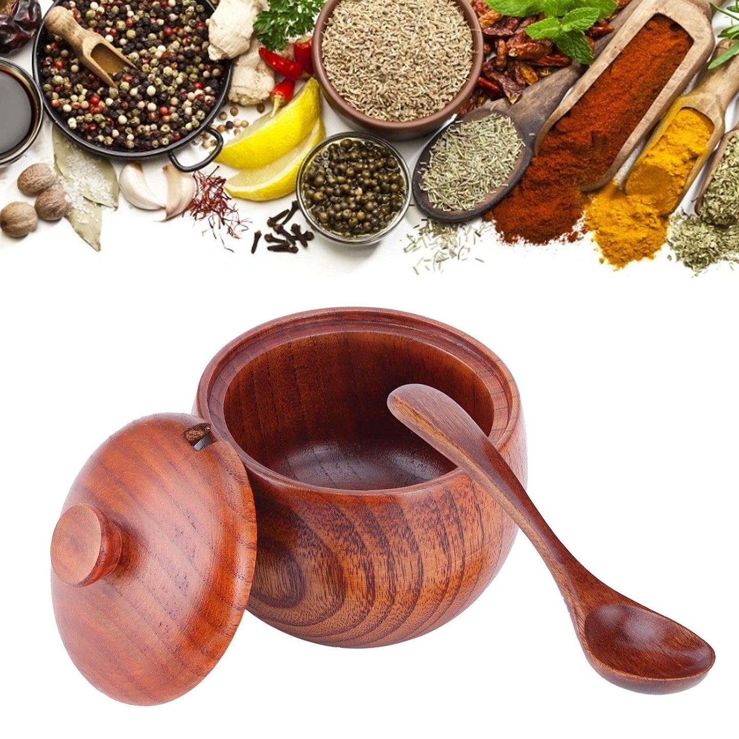MOUMOUTEN Wood Spice Pot, Natural Wooden Salt Cellar with Lid and Spoon, Sugar Container Vintage Spice Jar Seasoning Container Cooking Utensil for Serving Condiment Chili Powder