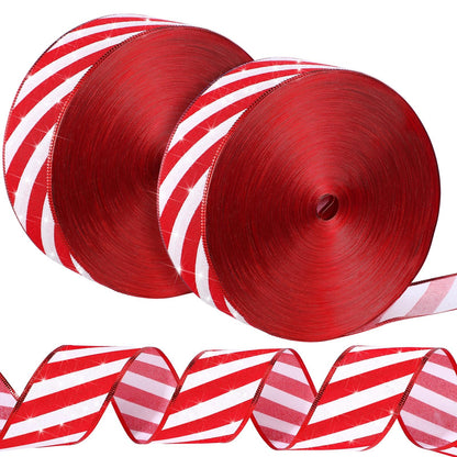 Waydress 2 Rolls Christmas Peppermint Stripe Ribbon Glitter Wired Candy Cane Fabric Wrapping DIY Craft Wide Ribbons for Christmas Tree Bow Wreath(2.5 Inch X 50 Yard)