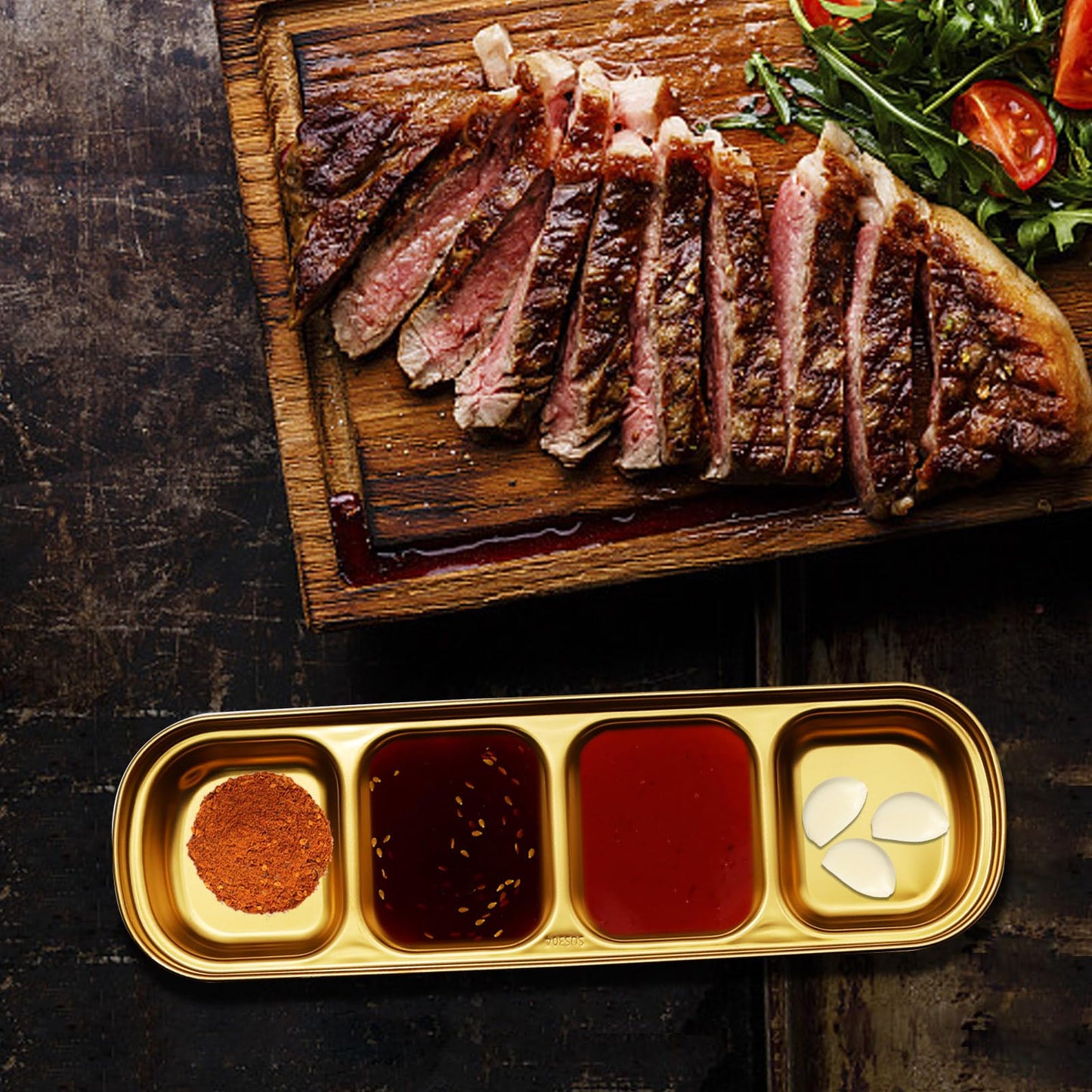 EATAKWARD 4 Pcs Stainless Steel Sauce Dish, Divided Dipping Plates, Divided Seasoning Sauce Dip Bowl, 1/2/3/4 Compartment Sauce Vinegar Seasoning Dishes, Vinegar Soy Spice Condiment Tray for Home