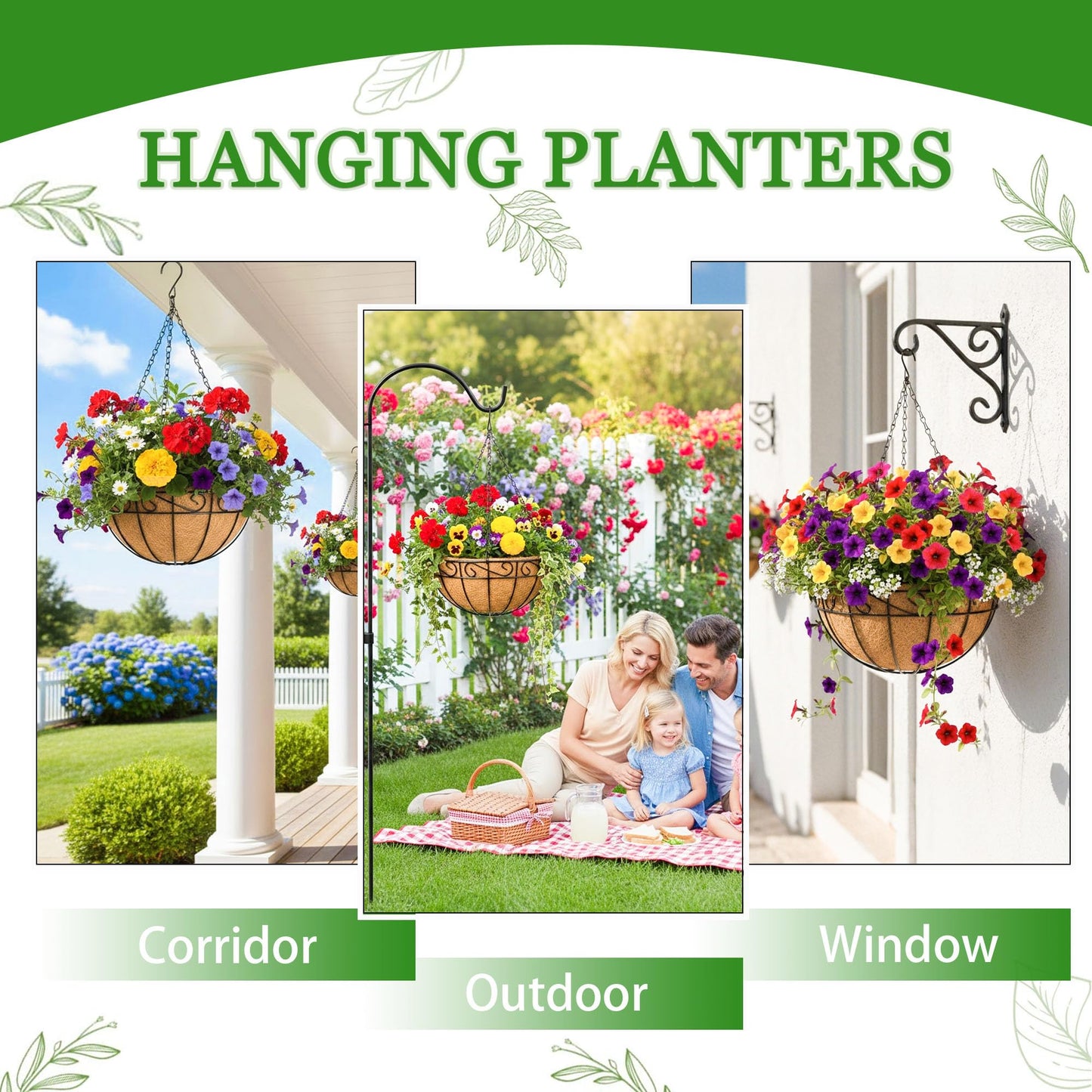 Hanging Planters for Outdoor Plants 4 Pack 14 inch Metal Hanging Flower Basket with Coco Coir Liner Wire Plant Holder Watering Flower Baskets Pot Hanger Garden Decoration for Indoor Outdoor(HBL)