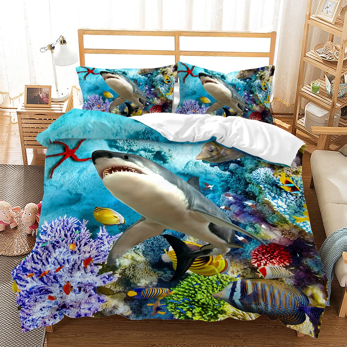 CVHOUSE Shark Duvet Cover King Size,Ocean Sea Animal Bedding Set,Beach Shark Comforter Cover for Boys Kids Teens,1 Duvet Cover 2 Pillowcases 3 Piece