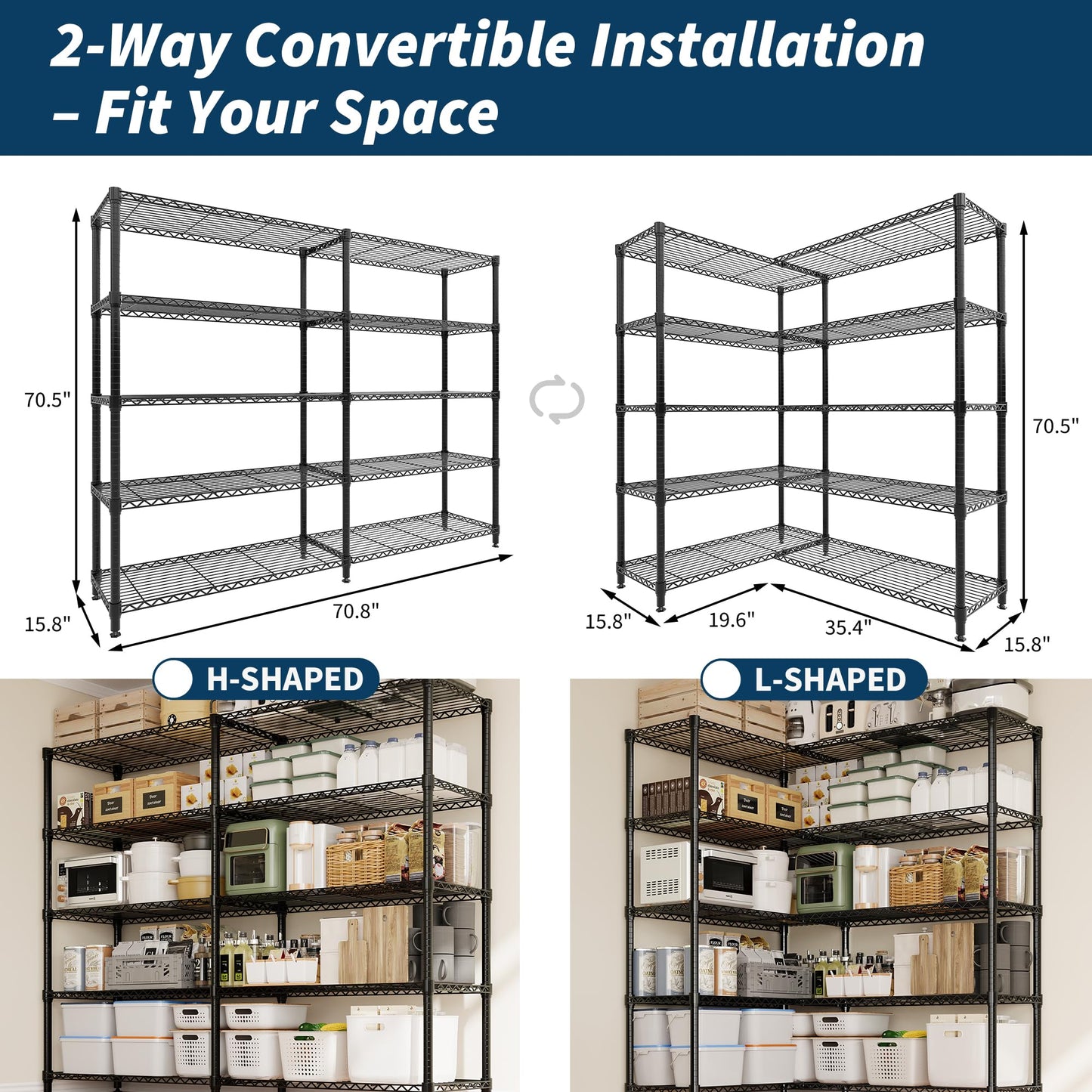 5 Tier Storage Shelving Unit Metal Shelves 70.8"W Wire Shelving, 70.5"H L-Shaped Pantry Shelves Kitchen Storage Shelves for Home Commercial Garage Heavy Duty, 70.8"H x 70.5"W x 15.8"D