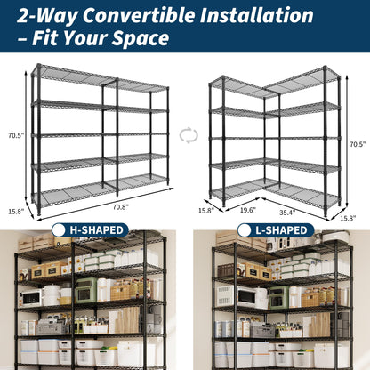 MilleLoom 5-Tier Metal Storage Shelves, Heavy Duty Wire Rack Shelving Unit for Garage Kitchen Storage, 15.7"D x 71"W x 70.5"H Adjustable Shelf for Basement & Pantry Room Organization, Easy Assembly