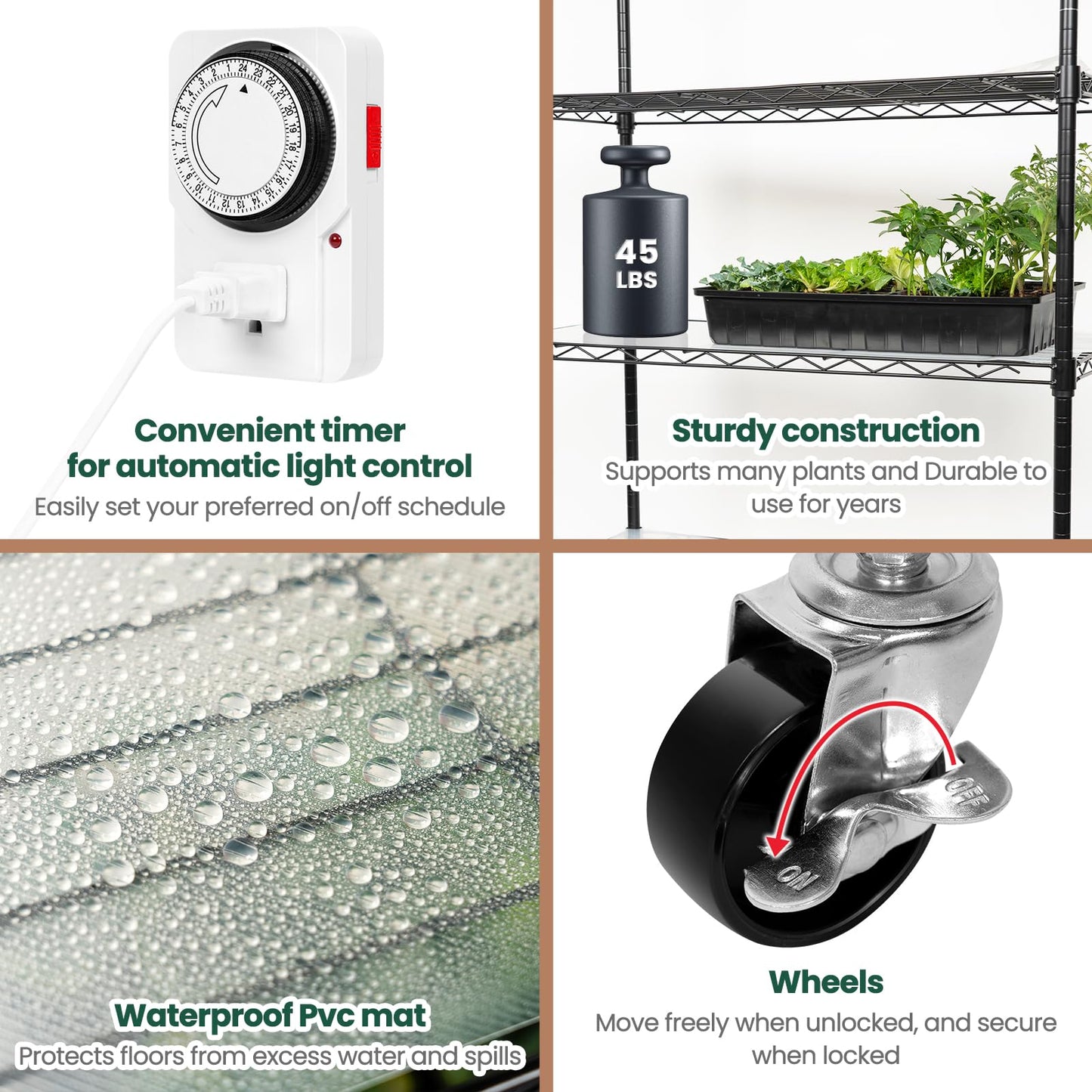 SOLIGT Plant Shelf with Grow Lights, 5 Tier Grow Light Stand Rack with 8 Pack 2FT 6000K T8 Full Spectrum Led Grow Lights for Indoor Plants, Seed Starting, Seedling Growing, Timer Included