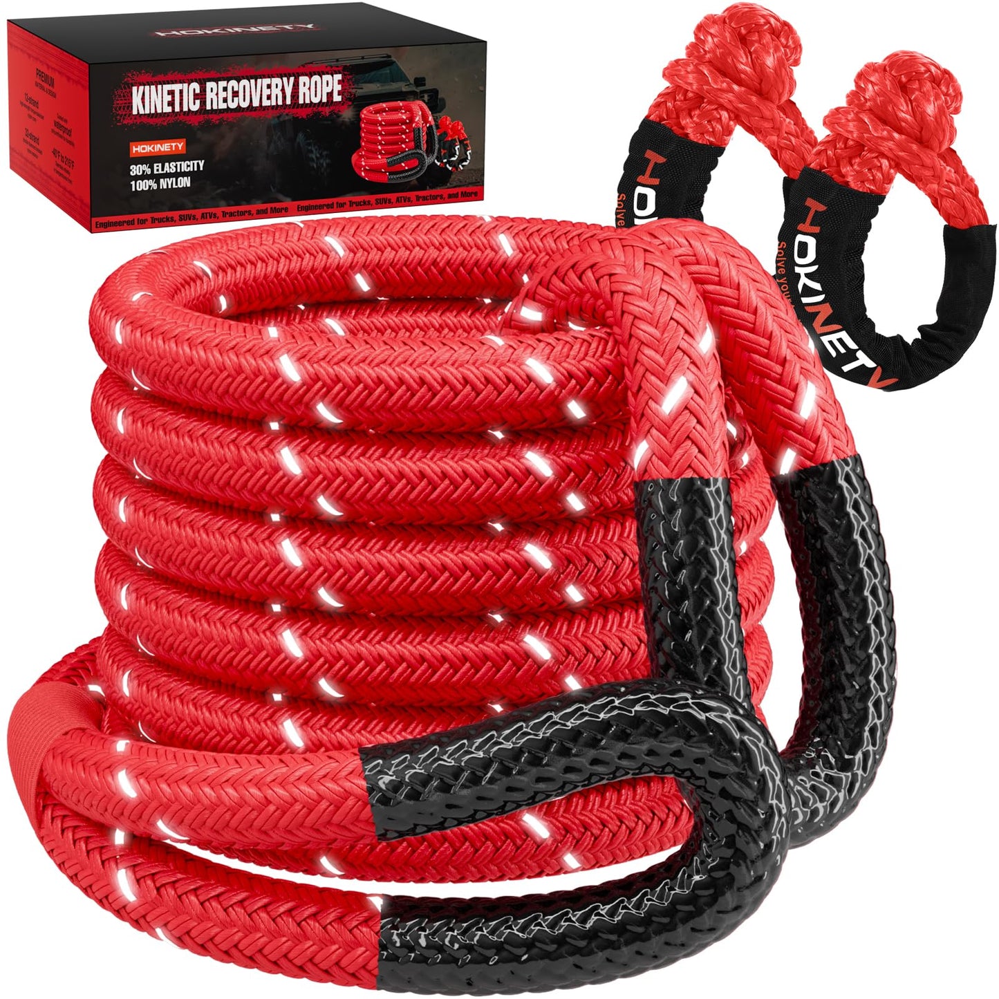 Kinetic Recovery Tow Rope - 1.26" x30FT 55000LBS Reflective Heavy Duty Snatch Strap Kit with Soft Shackles for Offroad Pulling Truck SUV UTV ATV Car Jeep - Red