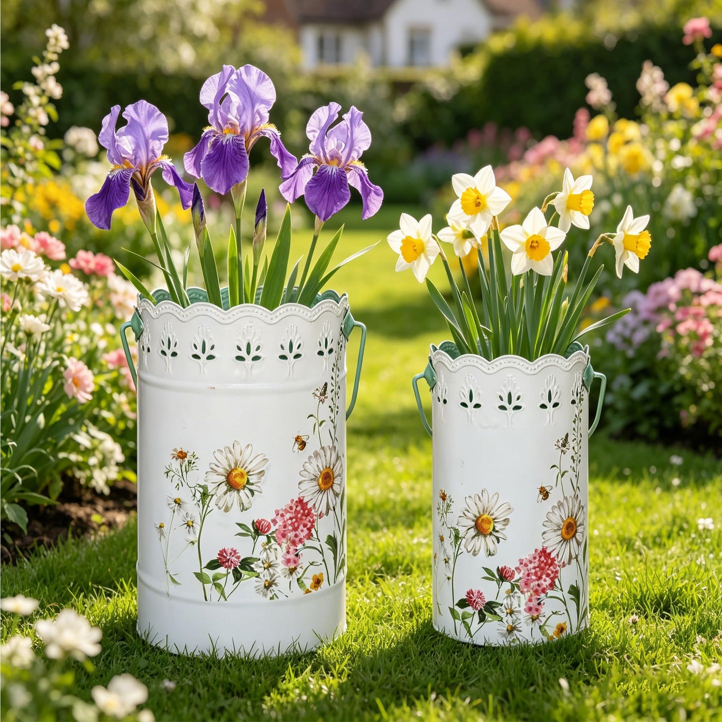 Zorvynelle Set of 2 Rustic White Metal Flower Pots, Decorative Floral Buckets Farmhouse Iron Vases Planters for Dried Flowers, Faux Plants, Home Garden Decor
