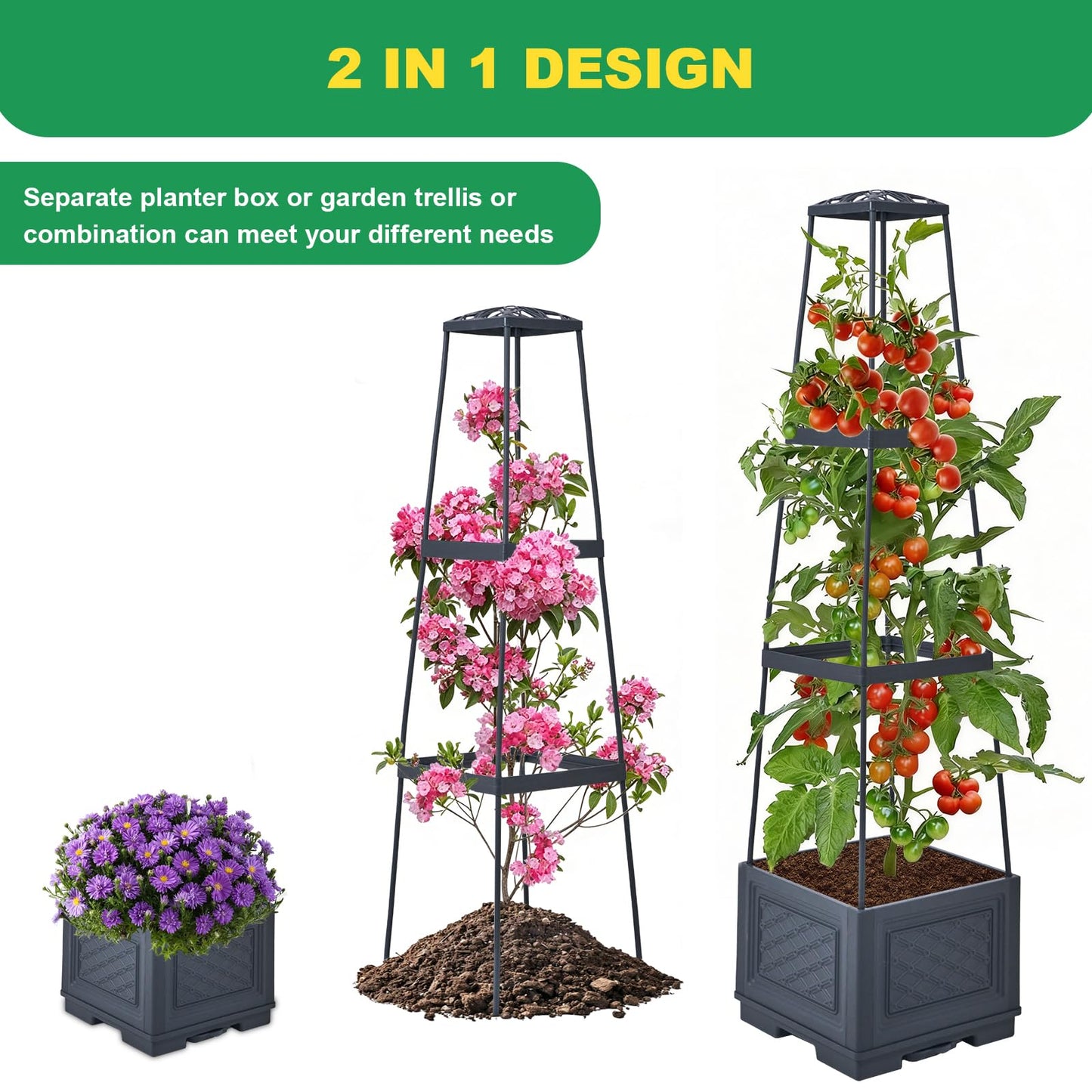 Raised Garden Bed, Tomato Cages for Garden, Tomato Cage, Raised Garden Beds Outdoor, Planter Box with Trellis, 44.8" Self-Watering Tomato Planter for Climbing Plants Vegetables Flowers(With Wheels)
