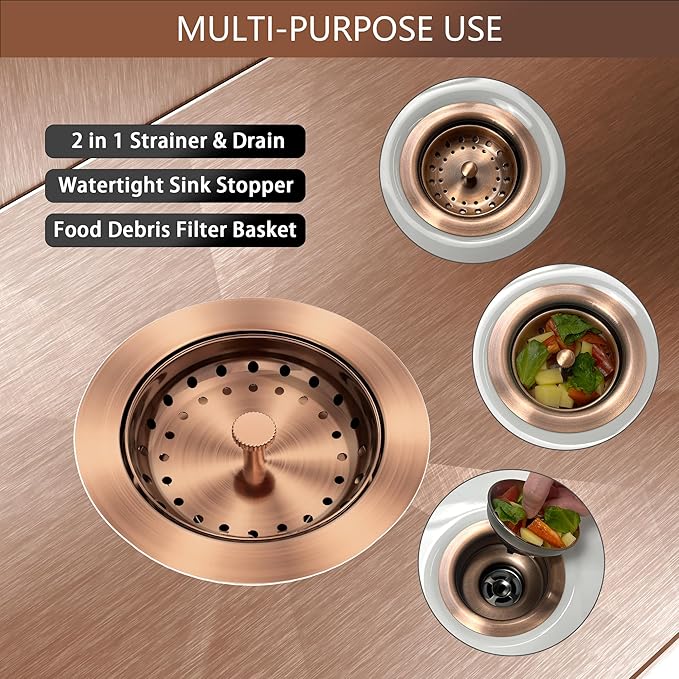 Kitchen Sink Drain Copper 3-1/2 Inch Stainless Steel Kitchen Drain Strainer