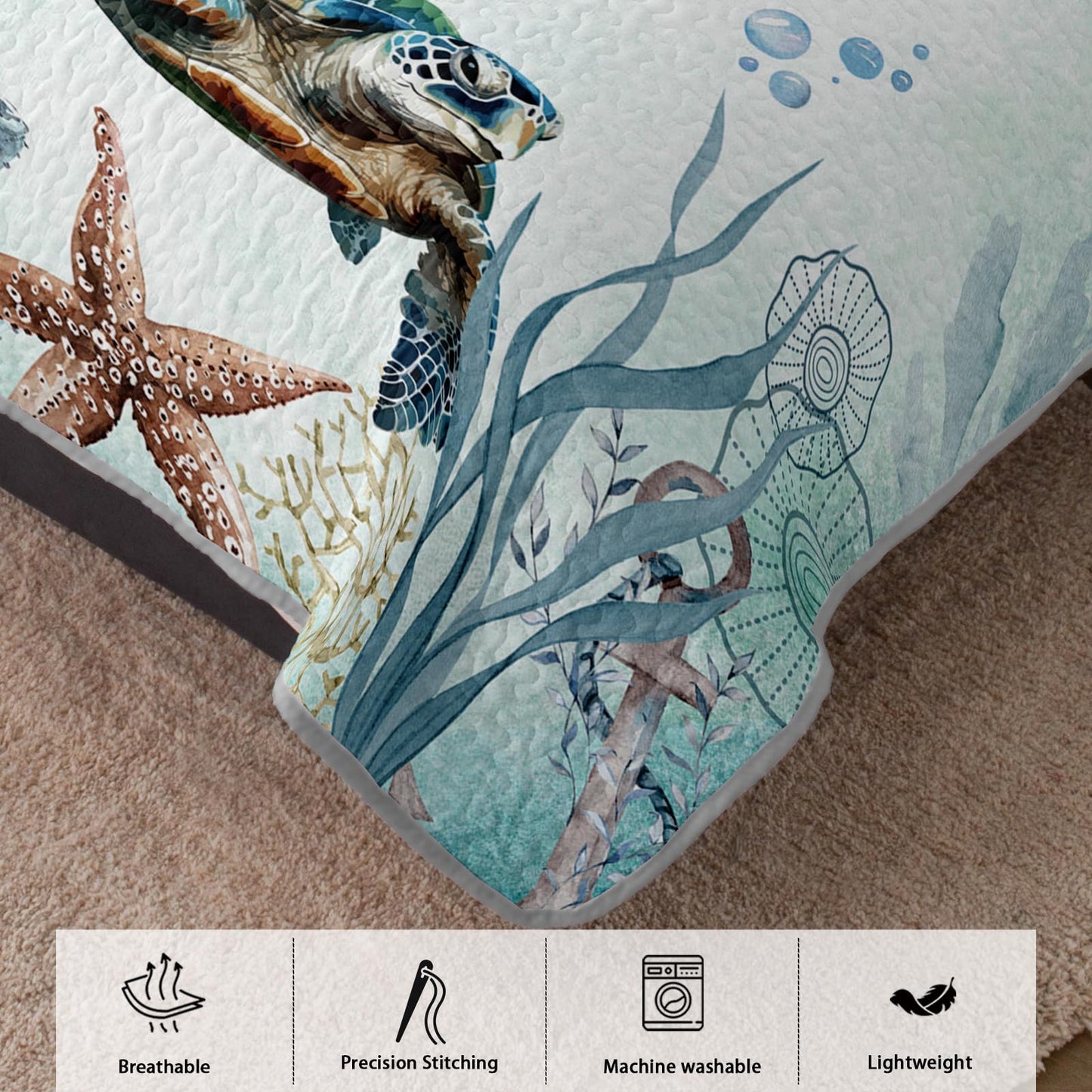 AILONEN Sea Turtle Bedding Quilt Set Queen Size,Teal Blue Ocean Beach Coastal Bedspread Coverlet,3 Pieces Soft Lightweight Quilt & 2 Pillowcases