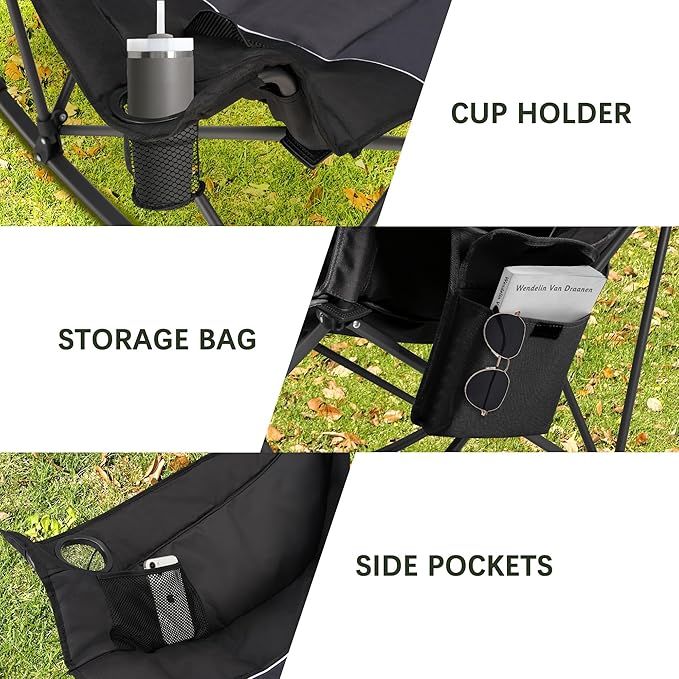 Oversized Rocking Camping Chair with Headrest & Cup Holder - 400lbs Capacity, 600D Oxford Fabric, Easy Fold Portable Outdoor Rocker Chair for Camping, Backyard, Beach, Deep Gray