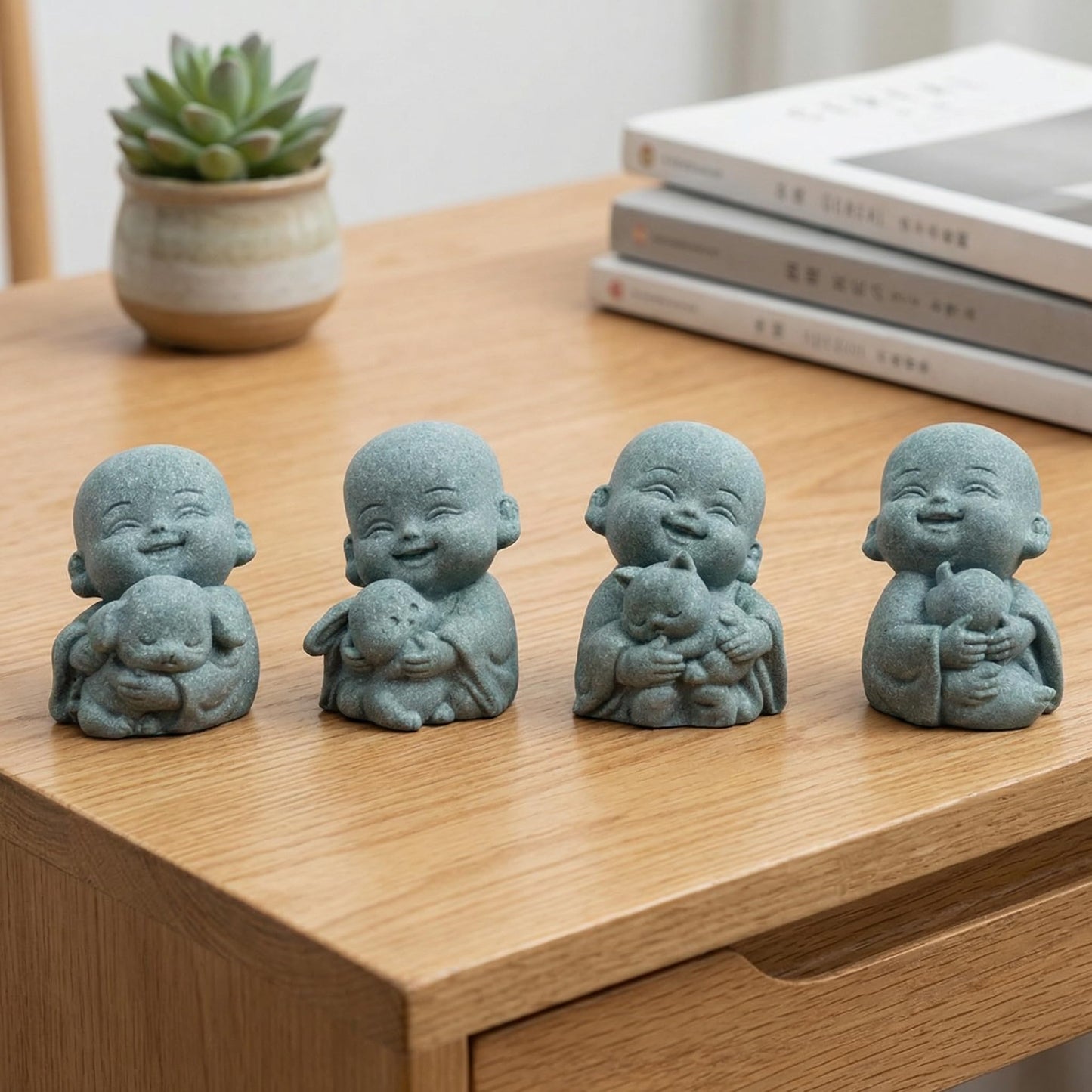 FADECOR 4pcs Mini Buddha Statue with Animal Companion, Aquarium Decor, Feng Shui Zen Monk Sandstone Sculpture, Cute Small Fish Tank Ornament for Home Garden, Buddha Decoration