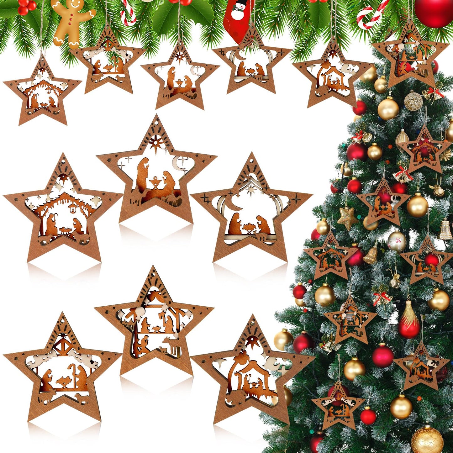 Bucherry 6 Pcs Wooden Christmas Nativity Scene Ornaments Bulk, 2025 Christian Religious Jesus Ornaments for Christmas Tree Nativity Scene Gifts, The Birth of Jesus Decoration(Classic Style)