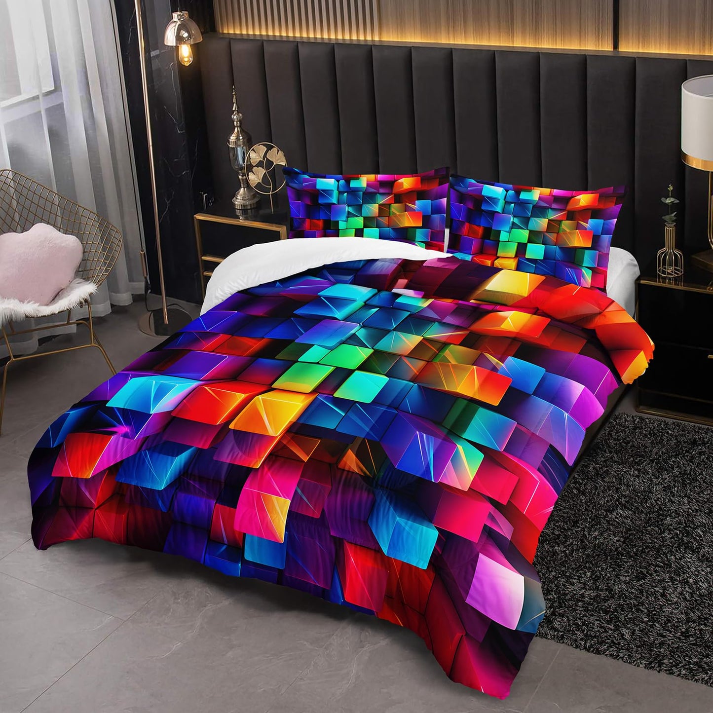 lneffble Colorful Checkered Comforter Set Full，3D Checkered Chic Gingham Bedding Set Full with 1 Comforter with 2 Pillow Case