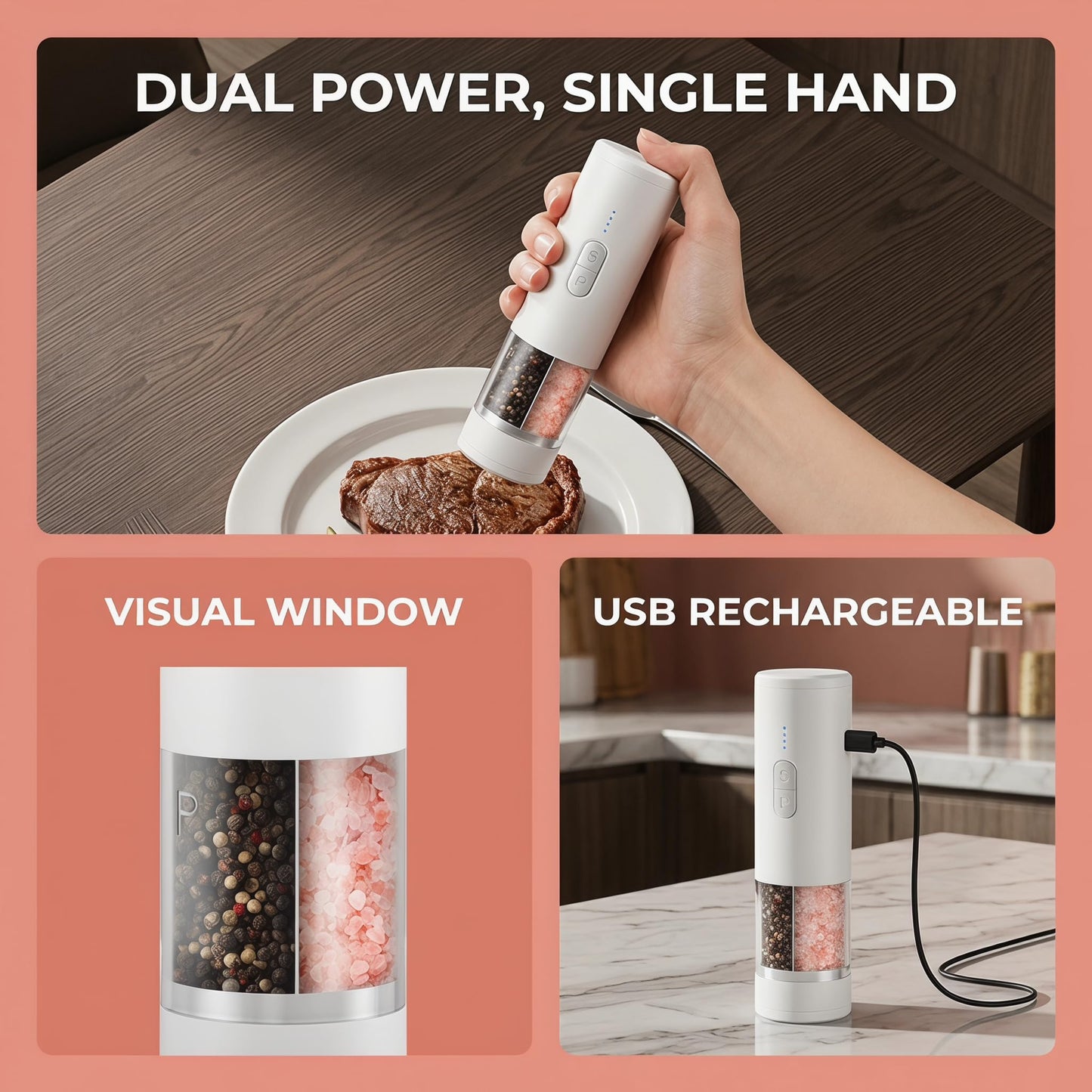 2 IN 1-Electric Salt and Pepper Grinder Set Shakers, Rechargeable Automatic Pepper Mill,with LED Lighting,Adjustable Grinder,Large Capacity-Ideal for Kitchen,BBQ,Ideal Kitchen Gifts (White)