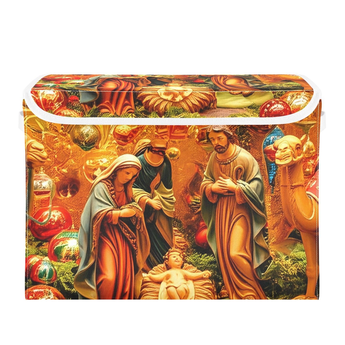 Bokkoy Nativity Scene Art Lidded Storage Bins with Handles - 16.5"x12.6"x11.8" Foldable Organizing Box, Oxford Fabric & Honeycomb Board, Dust-Proof Flip Lid for Closet/Office