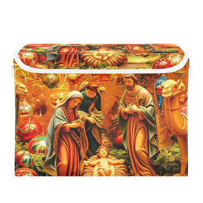 Bokkoy Nativity Scene Art Lidded Storage Bins with Handles - 16.5"x12.6"x11.8" Foldable Organizing Box, Oxford Fabric & Honeycomb Board, Dust-Proof Flip Lid for Closet/Office