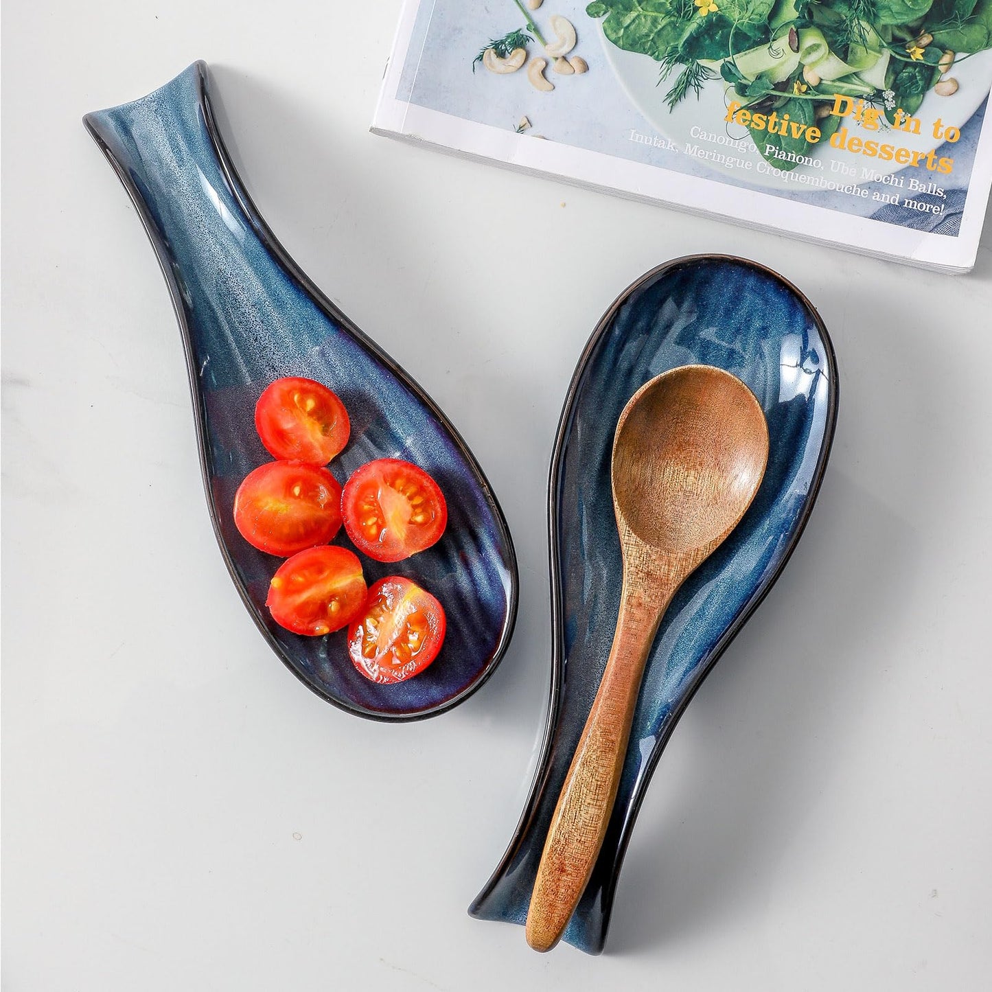 Hasense Salt Pepper Shakers and Spoon Rest 3 in 1 Set, 2 Pieces Navy Reactive Glaze Dinnerware Accessories Set Perfect for Home Decor, Kitchen Housewarming, Ceramic Utensil Rest Set Farmhouse Decor