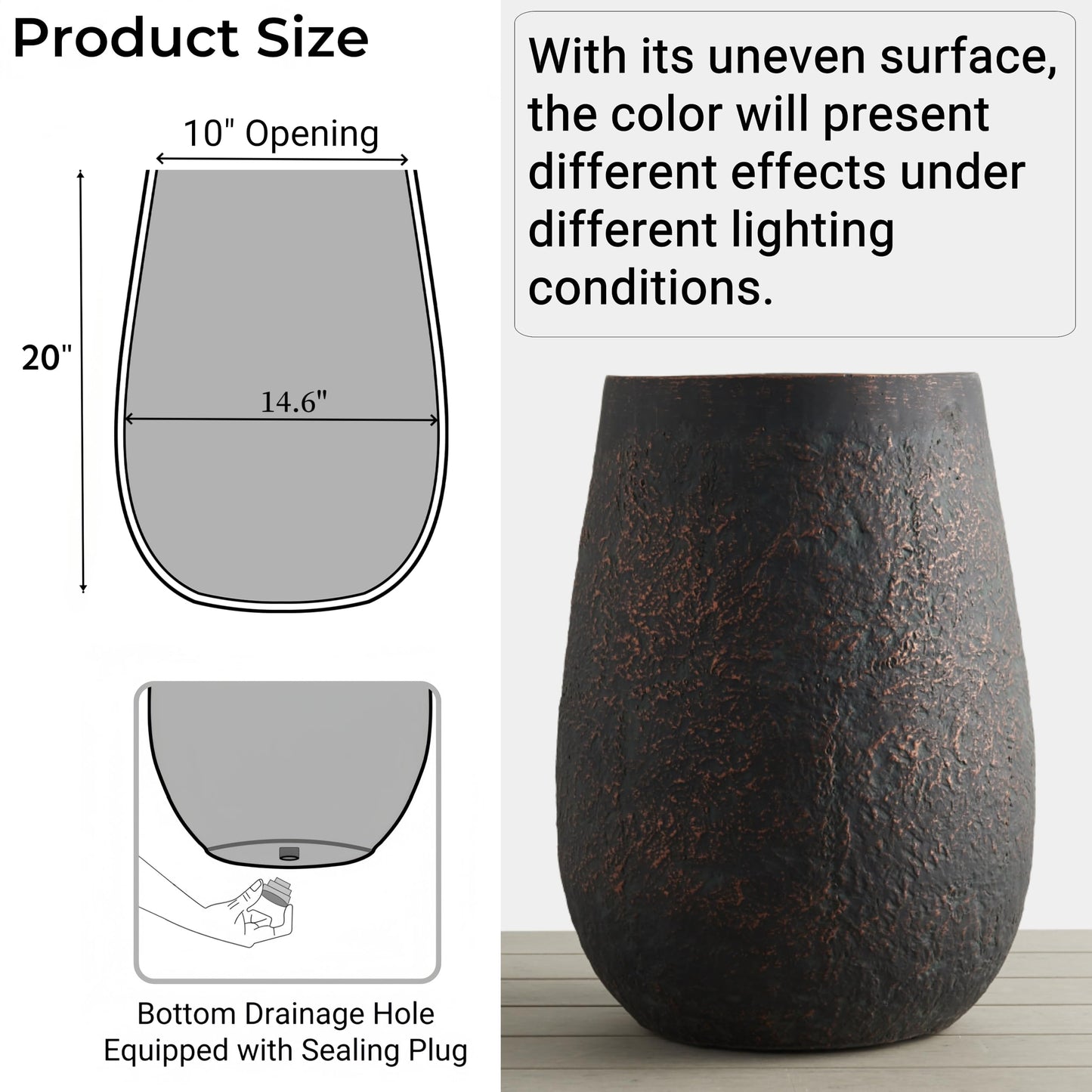 Wallowa 20" H Weathered Concrete Tall Planter, Black Large Outdoor Indoor Decorative Flower Pot with Drainage Hole, Modern Round Style for Home, Garden, Patio, Courtyard, Bronze Rust with Green Tone