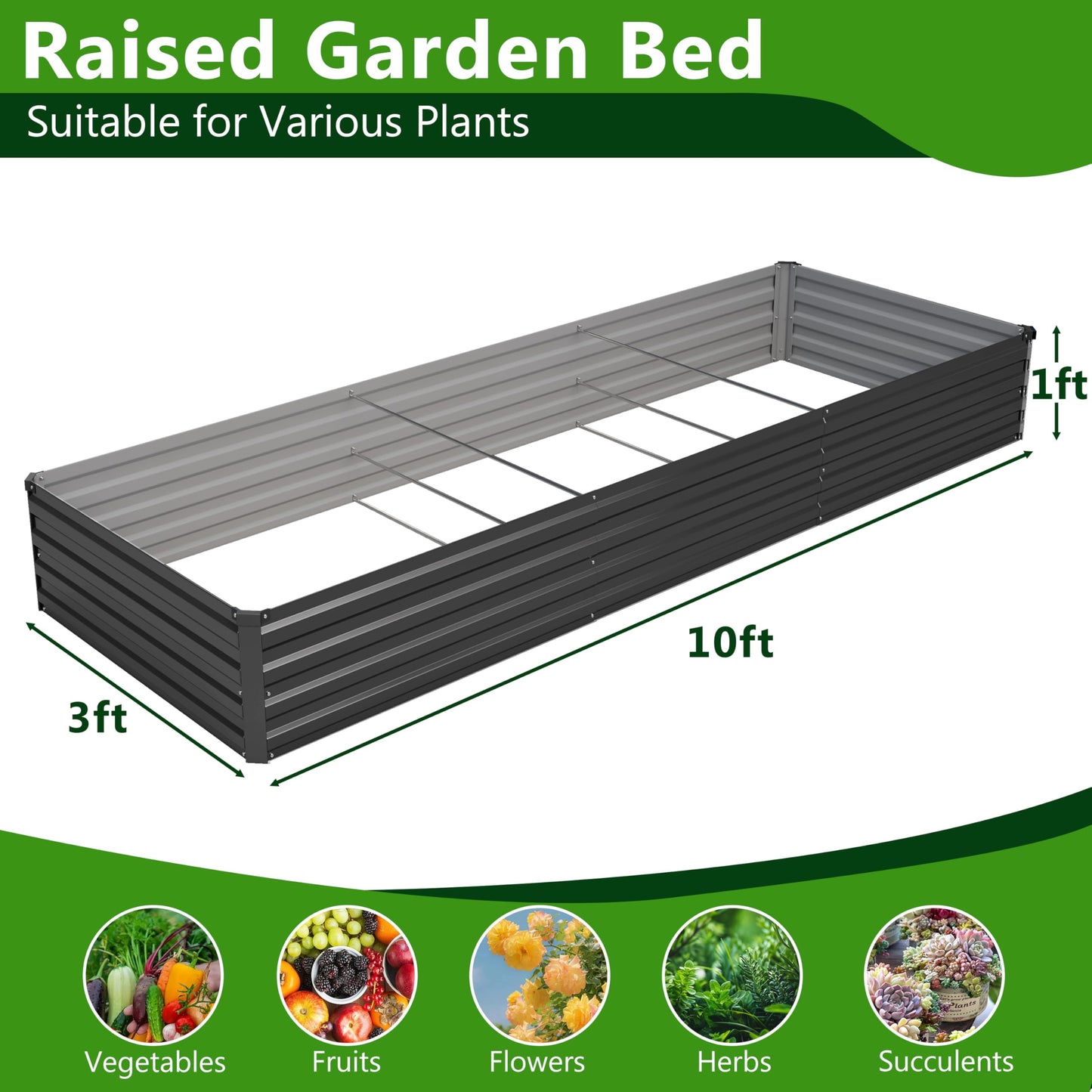Henshwon 2PCS 10x3x1ft Galvanized Raised Garden Bed Kit,Metal Planter Box for Vegetables,Flowers,Herbs Durable Rust-Resistant Patio Gardening Beds,Black