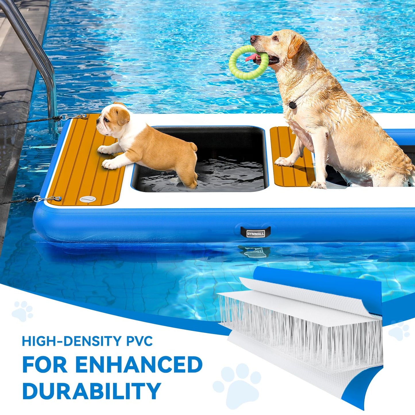 GYMMALL Large Dog Dock Ramp with Water Hammock 5.6 * 4ft, Inflatable Dog Water Ramp Platform 6 inch Thickened for Boat Pool Lake Sea, PVC Floating Boat Ramp for Dogs up to 330lbs, Dog Boat Ramp Blue