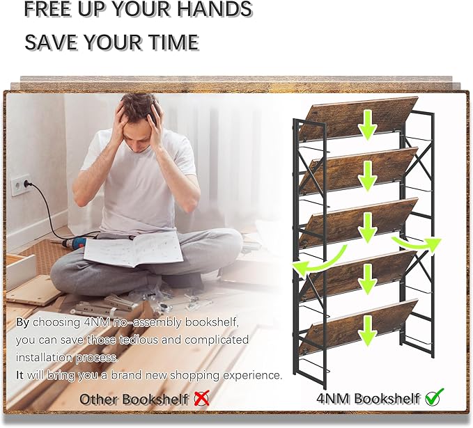 4NM Extra Wide 5 Tiers No Assembly Book Shelves, 51.2" H Folding Bookshelf