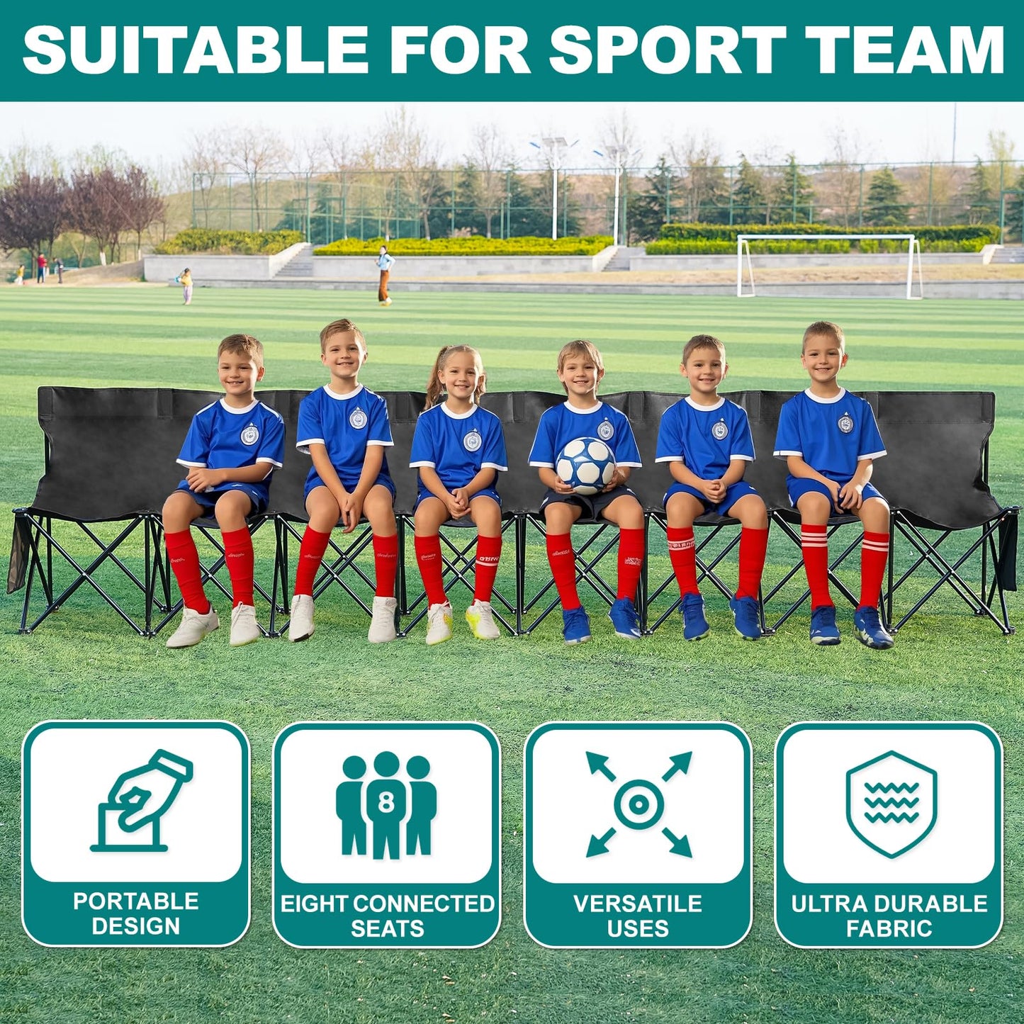 1MORE Soccer Bench - Portable Folding Team Bench, 8 Seats Foldable Sideline Benches, Soccer Chair with Bag & Backrest, Adult Team Chair for Football Camp Sport Events Outdoor Seating.Black