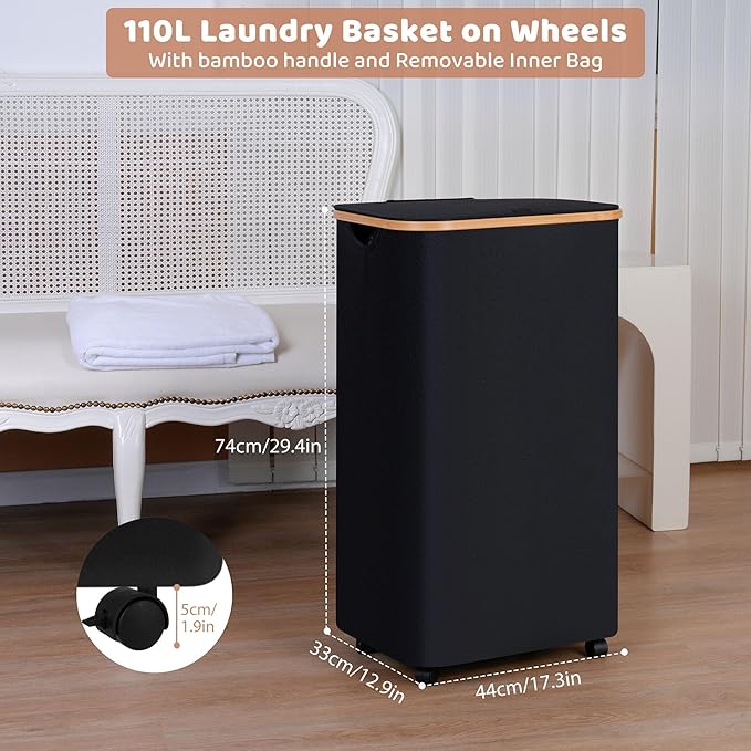 110L Laundry Basket with Wheels, Clothes Hamper